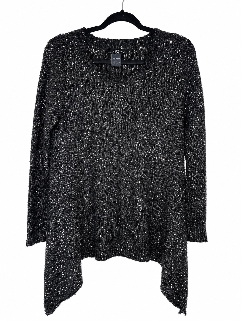 Midnight Velvet Black Sequin Sparkle Knit Sweater Handkerchief Hem Size Large L